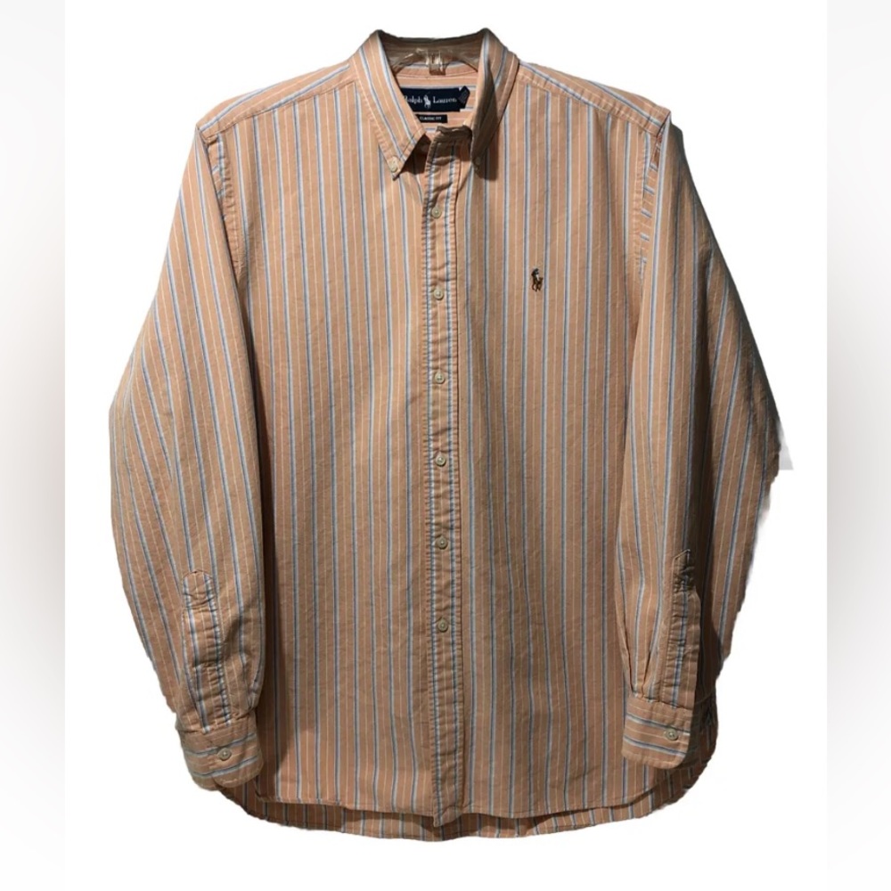 Ralph Lauren Classic Fit Shirt Men L Salmon Peach Stripe Button Down Long Sleeve